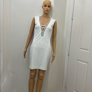 Shop 17 Dress White Silver Sparkle V Neck Backless Sleeveless Mini Lined Sexy